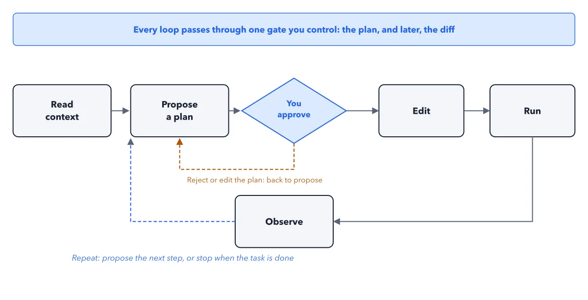 Figure 2.1: The agent loop. Read, propose, wait for you, edit, run, observe, and repeat, with your approval sitting inside the loop, not after it.