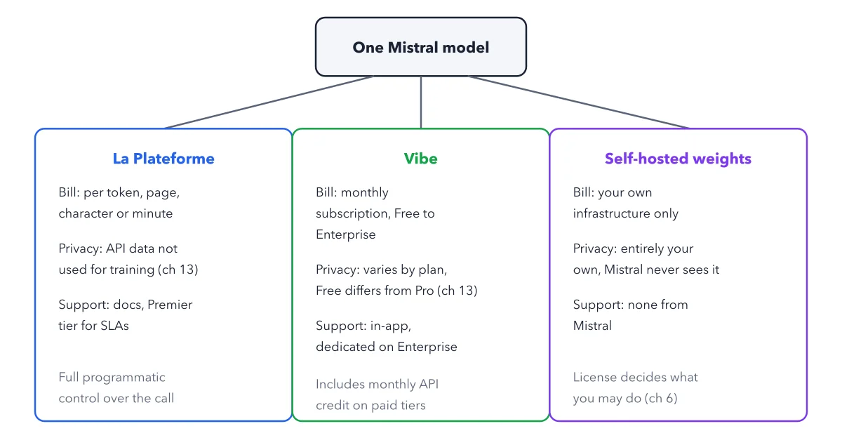 Figure 2.1: The three-path map, with billing unit, privacy default and support level marked on each branch.