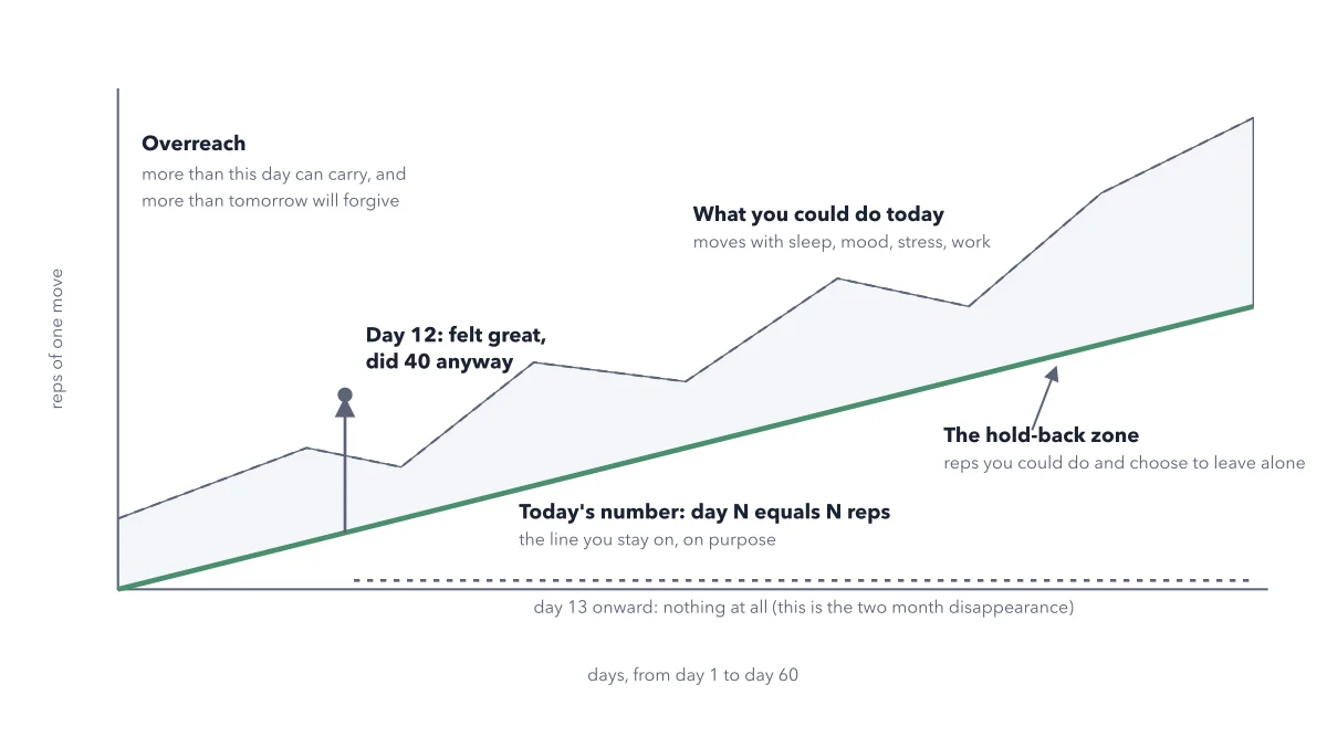 Figure 7.1: The hold-back zone. Your capacity wobbles from day to day and sits well above the ramp. The +1 line ignores all of that and asks for the same modest thing every day. The shaded gap is not waste, it is the margin that lets tomorrow happen. The single spike on day 12 buys 40 reps once and costs everything after it.