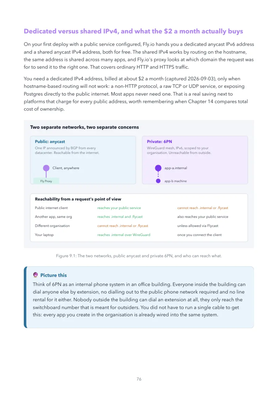 Fly.io Made Crystal Clear, page 76: the two networks, public anycast and private 6PN, and who can reach what