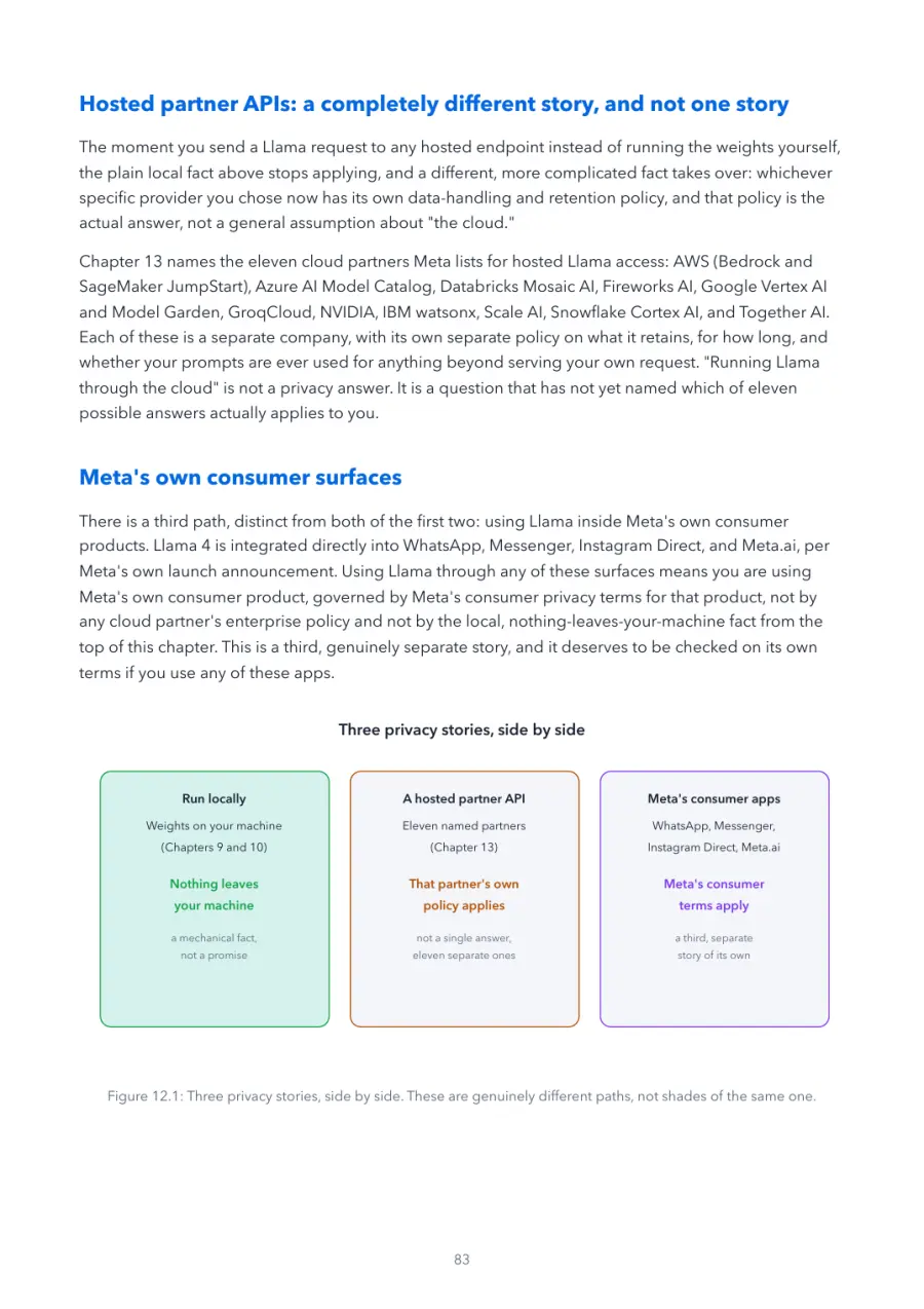 Llama Made Crystal Clear, page 83: three privacy stories, side by side