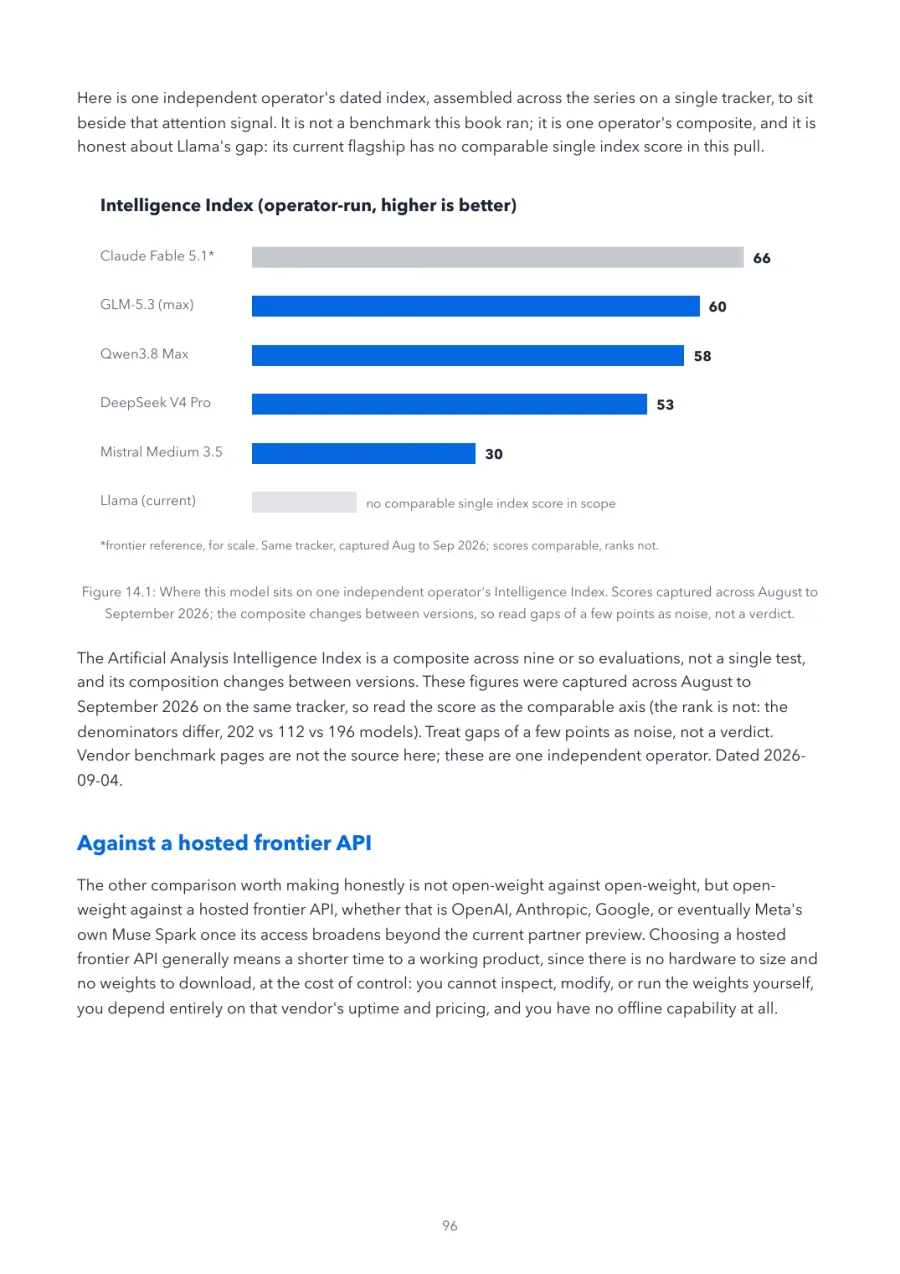 Llama Made Crystal Clear, page 96: where this model sits on one independent operator's Intelligence Index