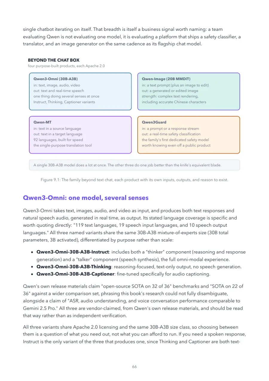 Qwen Made Crystal Clear, page 66: the family beyond text chat, each product with its own inputs, outputs, and reason to